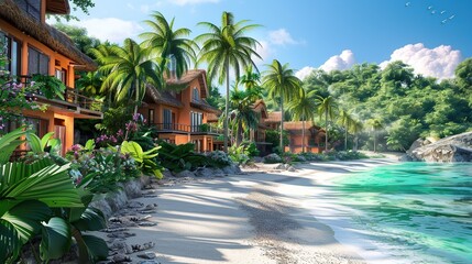 Fototapeta premium Tropical beach paradise with lush greenery and colorful bungalows. copy space for text.