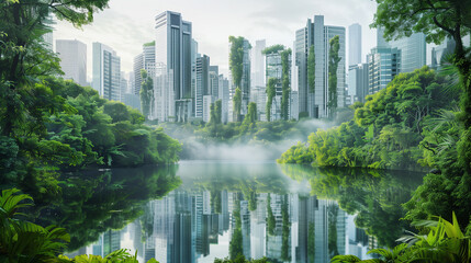 Obraz premium Futuristic Green City with Skyscrapers and Lush Vegetation