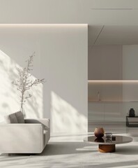 Minimalist interior with white wall, glass accents, and modern furniture 