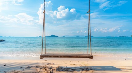 A calm beach scene featuring a wooden swing hanging over the sand with a serene ocean backdrop under a bright blue sky filled with white fluffy clouds, evoking peace and relaxation.