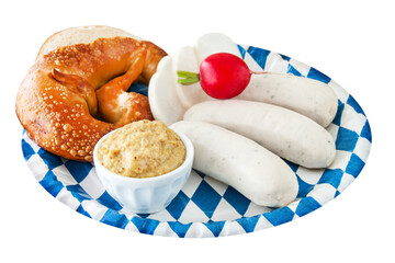 Weißwurst Radi Senf Brezel und Hintergrund transparent PNG cut out