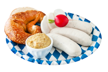 Weißwurst Radi Senf Brezel und Hintergrund transparent PNG cut out