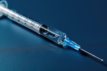 A syringe with a blue tip is on a blue surface