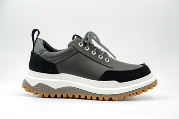 A man's shoe with a black and grey sole