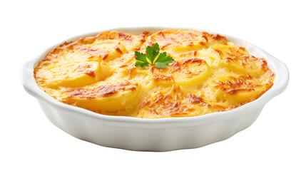 Scalloped potatoes in dish on transparent background