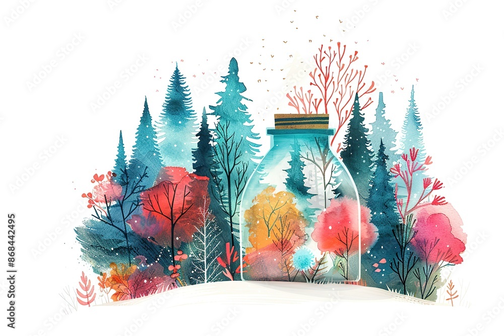 Poster a jar with a tree in it is surrounded by trees
