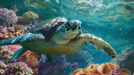 A serene sea turtle gracefully swims surrounded by a colorful, thriving coral reef embodying the essence of marine life diversity and underwater tranquility.