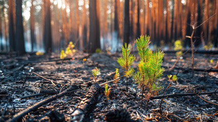 New green sprouts push through the charred remains of a forest floor, symbolizing hope and renewal after destruction