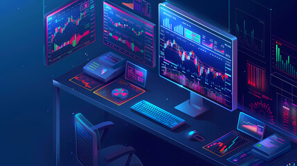 Obraz premium Online trading on stock exchange at home isometric vector image