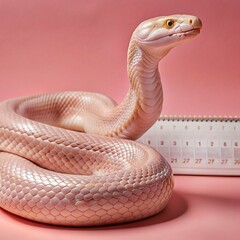 Fototapeta premium A white snake is curled up on a pink background