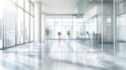 Obraz premium The image shows an airy, well-lit lobby area with glass partitions reflecting light and potted plants adding a touch of greenery
