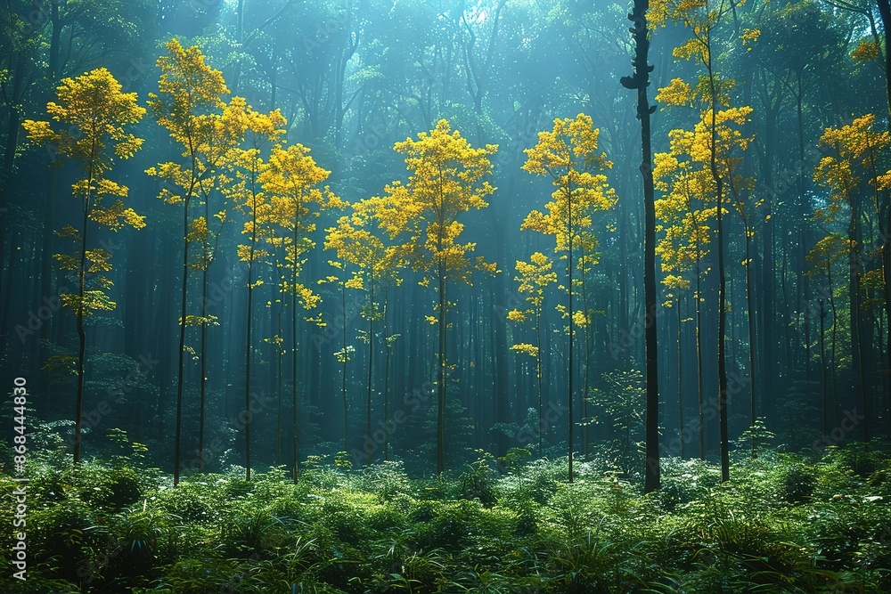 Poster a forest with trees in the foreground and background