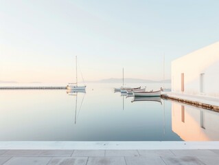 Tranquil Dawn at Port on World Maritime Day Serene Seascapes with Docked Boats Reflecting in Calm Waters