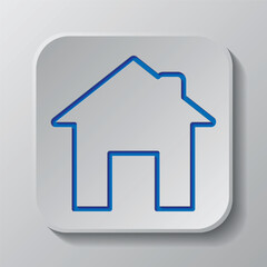 House simple icon vector. Flat design. Paper cut design. Cutted blue symbol with shadow. Gray badge button, gray background