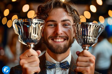 Businessman with a success trophy A businessman holding a trophy, celebrating a major business achievement