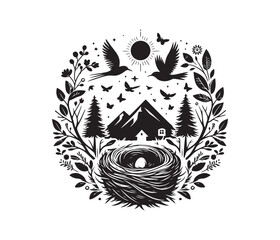 NatureNest Illustrations vector art graphic resources silhouette vector style, white background