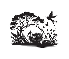 NatureNest Illustrations vector art graphic resources silhouette vector style, white background