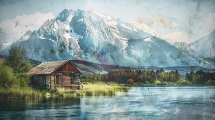 Wooden cabin at riverside with snow peak mountain as background, artful painting style illustration with grungy brush stroke texture. copy space for text.