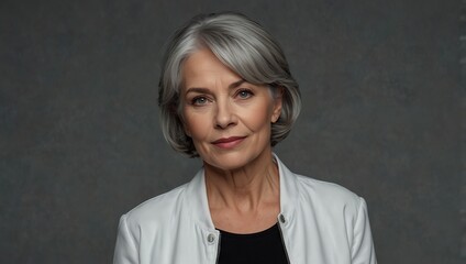 Portrait of 55 - 60 year old woman with grey hair, wearing white jacket, posing on grey background