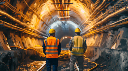 Two engineers in reflective vests inspecting a large underground tunnel construction site