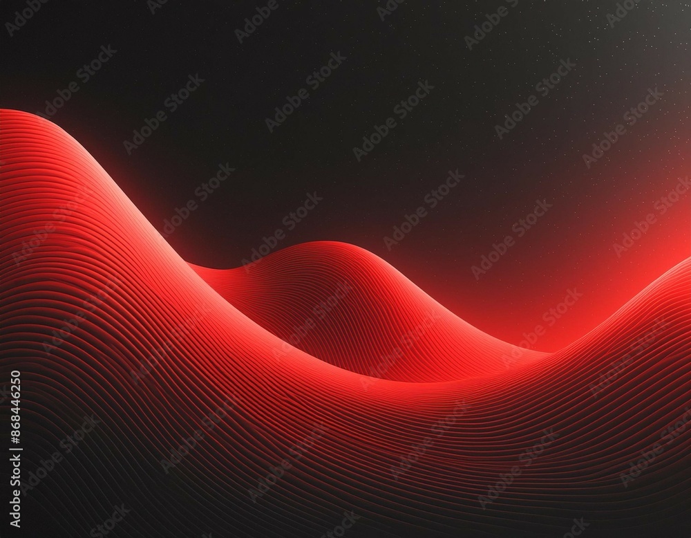 Poster red glowing abstract color gradient wave shape on black grainy background copy space, minimal wide b