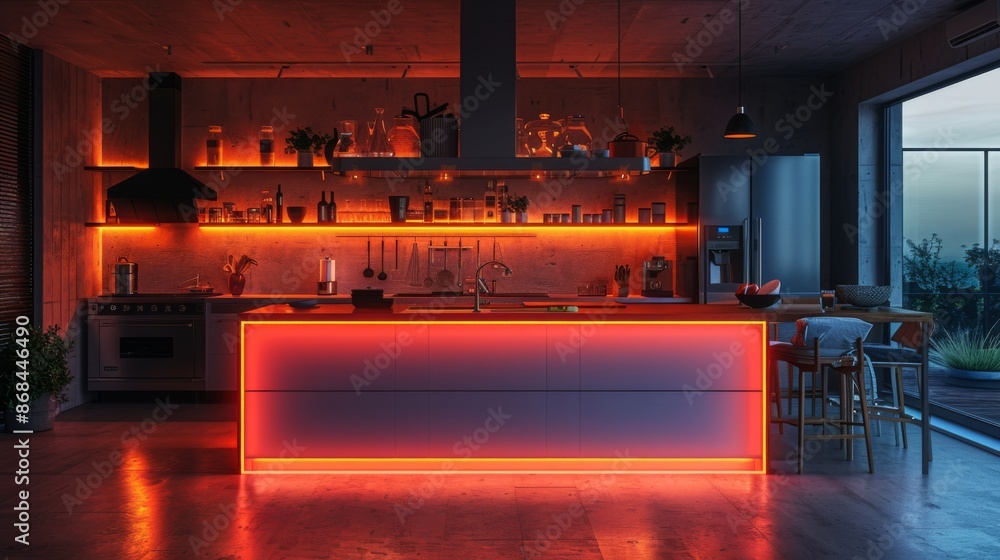 Sticker Arrange a neon showcase of smart kitchen symbols, including illuminated