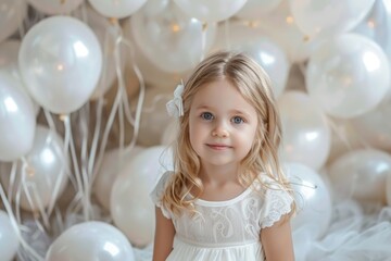 Home Balloons. Cute Caucasian Girl with Beautiful White Balloons Indoors