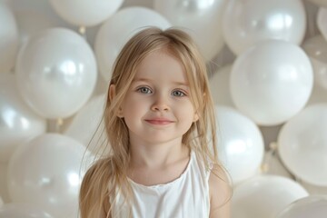 Home Balloons. Beautiful Caucasian Girl with Adorable White Balloons Indoors