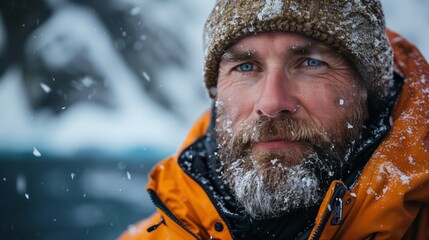 A sailor clad in an orange safety jacket stands aboard a vessel amidst icy waters with snow-covered mountains in the background