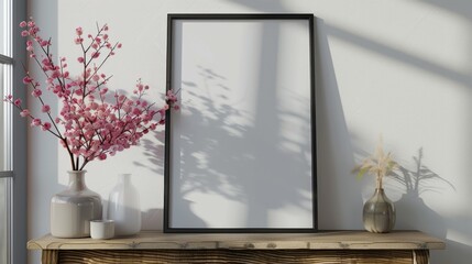 Elegant Interior Mockup with Cherry Blossoms and Modern Frames with blank space for advertisement