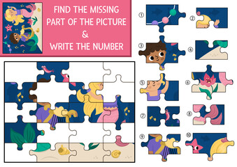 Obraz premium Vector mermaid cut and glue or matching activity with jigsaw puzzle pieces. Game with cute underwater landscape, dancing sea princess, merman with harp. Fun marine printable worksheet for children.