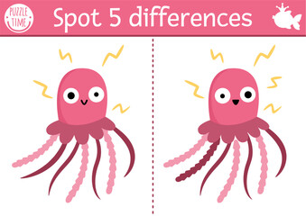 Find differences game for children. Mermaid educational activity with pink jellyfish. Cute puzzle for kids with funny animal. Printable worksheet or page for logic and attention skills