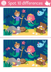 Fototapeta premium Find differences game for children. Mermaid educational activity with sea princess, merman, treasure chest. Cute puzzle for kids. Printable worksheet or page for logic and attention skills.