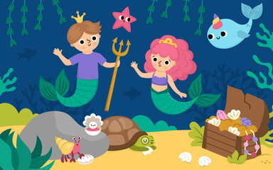 Fototapeta premium Vector landscape illustration with mermaid and boy with trident, crown. Ocean or sea kingdom scene with marine princess, prince, treasure chest. Cute horizontal fairytale background for kids.