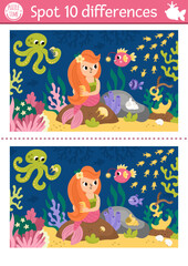 Find differences game for children. Mermaid educational activity with sea princess combing hare, underwater scene. Cute puzzle for kids. Printable worksheet or page for logic and attention skills. © Lexi Claus