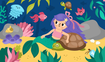 Fototapeta premium Vector landscape illustration with mermaid with purple hair sitting on sand, hugging tortoise. Ocean, sea kingdom scene with seaweeds, fish, marine princess. Cute horizontal fairytale background