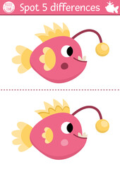 Find differences game for children. Mermaid educational activity with angler fish. Cute puzzle for kids with funny animal. Printable worksheet or page for logic and attention skills.