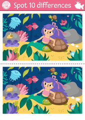 Fototapeta premium Find differences game for children. Mermaid educational activity with sea princess with tortoise, underwater scene. Cute puzzle for kids. Printable worksheet or page for logic and attention skills.