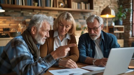 Senior group discussing financial planning using a laptop, emphasizing focus and discussion in a warm, cozy home interior setting.