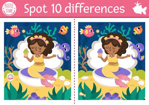 Find differences game for children. Mermaid educational activity with sea princess with cupcake in seashell. Cute puzzle for kids. Printable worksheet or page for logic and attention skills.