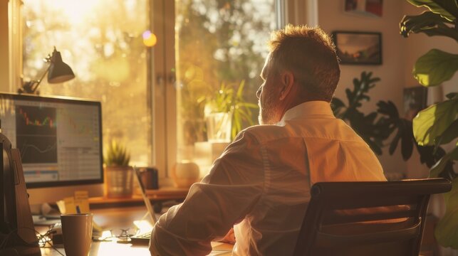 Man working from home during sunrise, looking at charts on computer screen, in a cozy room with sunlight streaming through window.