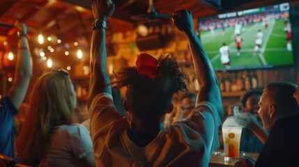 Obraz premium Group of Football Fans Watching a Live Match Broadcast in a Sports Pub on TV. People Cheering, Supporting Their Team. 