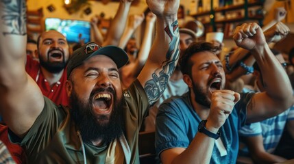Fototapeta premium Group of Football Fans Watching a Live Match Broadcast in a Sports Pub on TV. People Cheering, Supporting Their Team. 
