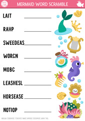 Vector mermaid word scramble activity page. English language game with sea princess tail, seahorse for kids. Ocean kingdom family quiz with vehicles. Marine educational printable worksheet. © Lexi Claus