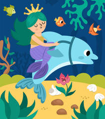 Vector landscape illustration with mermaid with green hair crown riding dolphin. Ocean or sea kingdom scene with seaweeds, jellyfish, marine princess. Cute square fairytale background for kids.