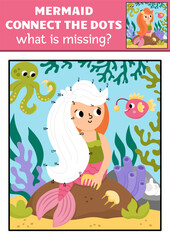 Vector mermaid dot-to-dot and color activity with sea princess, colored underwater scene. Ocean kingdom connect the dots game for children. Marine what is missing printable worksheet.
