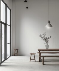 Minimalist interior with white wall, industrial elements, and minimalist furnishings
