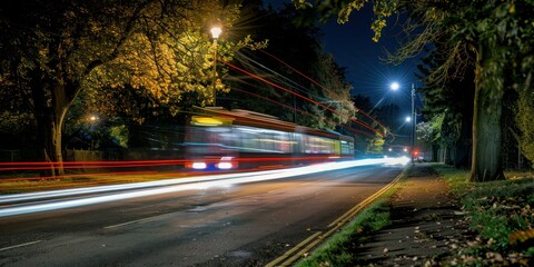Long exposure of a road with light trails of passing vehicles at night. 