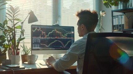 A stock trader analyzing market trends on a desktop computer in a modern office filled with natural light and plants.