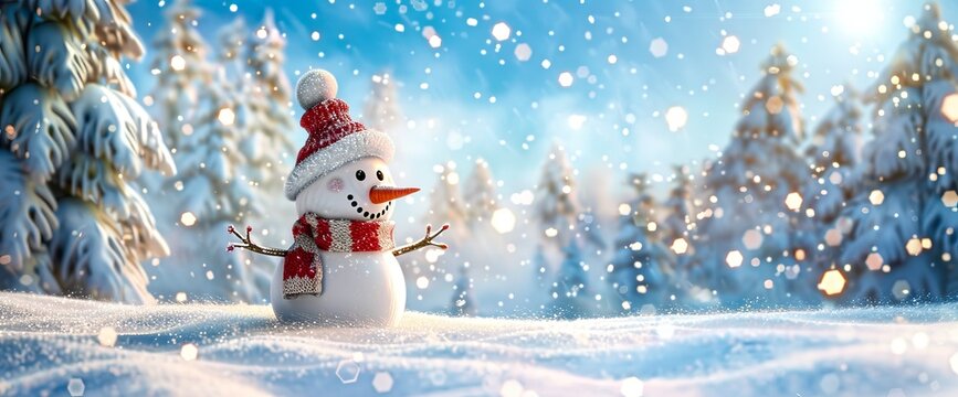 Cheerful snowman in winter wonderland. Bright and joyful snow scene. Christmas theme with snow covered trees. Perfect for holiday greetings and seasonal decoration. AI